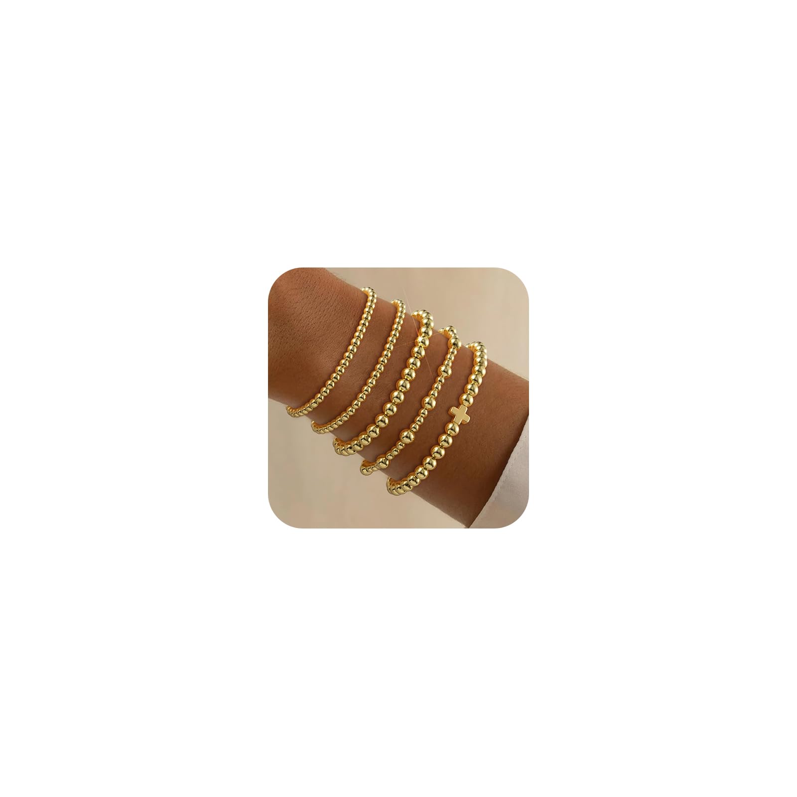 shownii Gold Bracelets for Women - 14K Gold Plated Stretch Beaded Bracelets Stackable Bead Ball Adjustable Jewelry Set