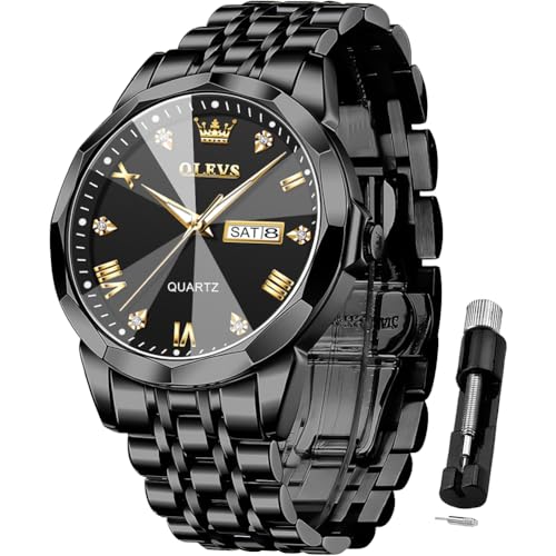 Image of OLEVS Watch for Men Diamond Business Dress Analog Quartz Stainless Steel Waterproof Luminous Date Two Tone Luxury Casual Wrist Watch Blue