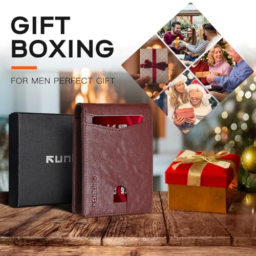 Image of RUNBOX Wallet for Men Slim Leather Bifold RFID Blocking Minimalist Front Pocket Design with Gift Box | Minimalist Front Pocket Design, Holds 8 Cards, RFID Protection, Gifts for Men on Birthdays, Father's Day, and Christmas