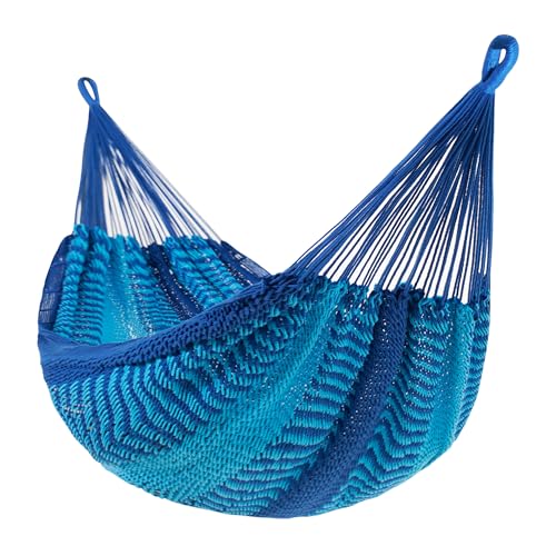 Image of Lazy Daze Hammocks Handwoven XL Mayan Hammock, 10.5 FT Soft Rope Double Hammocks, Portable Outdoor Hammock with Carry Bag, 2 Straps & Carabiners for Patio Outside, 550 lbs Capacity, Blue /Dark Blue