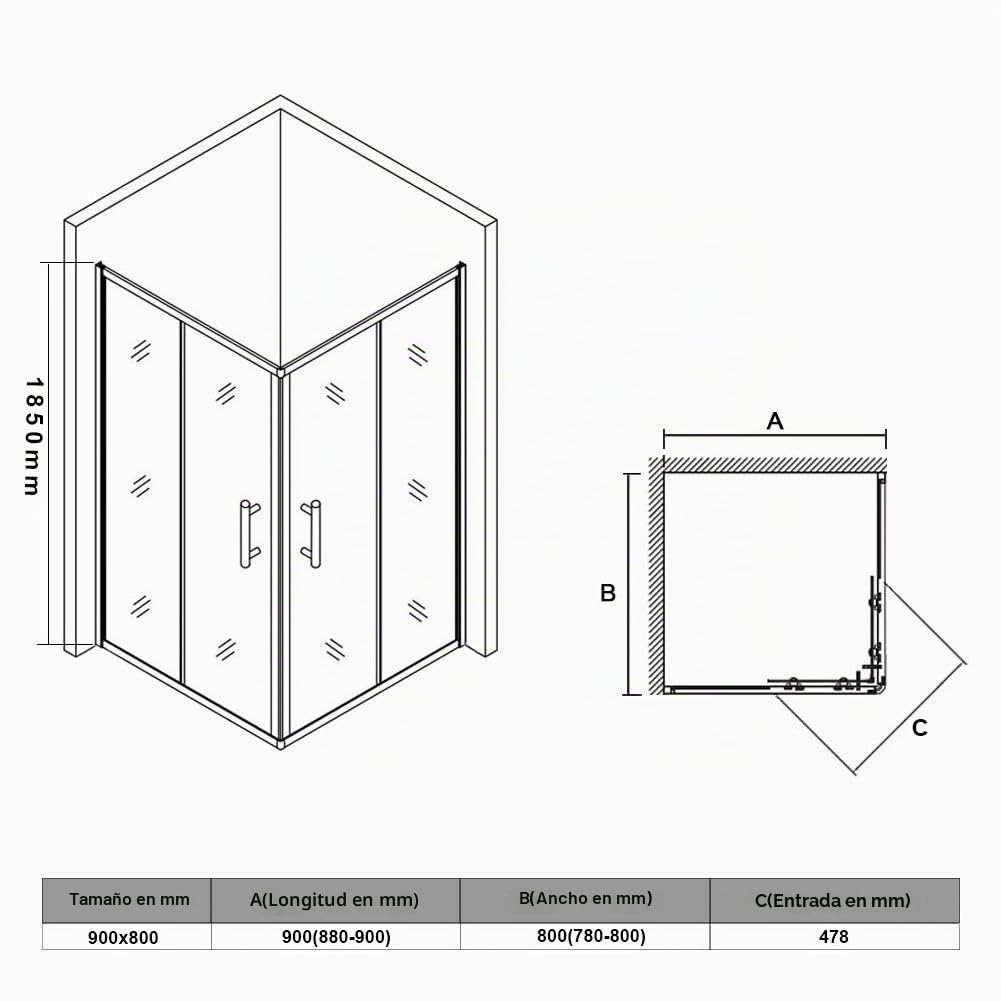 SONNI Mampara de Ducha Puerta Corredera 90x80x185cm, Cabina de Ducha de Cristal Templado 5mm Transparente con Nano Revestimiento Antical