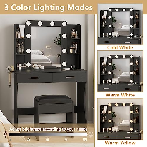 Image of Vabches Vanity Desk with Lights,Makeup Vanity with Power Strip,Black