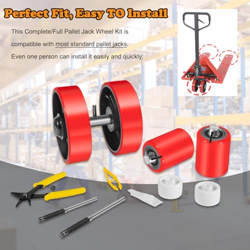Image of Pallet Jack /Truck Full Wheel Replacement Kit, Pair Steering Wheels (7 inchx 2 inch), Pair Front Load Roller(3 inch x 3.75 inch), with Pre-Installed Bearings, Axles, 20mm ID Poly Tread, Entry Rollers, Install Tool Kit