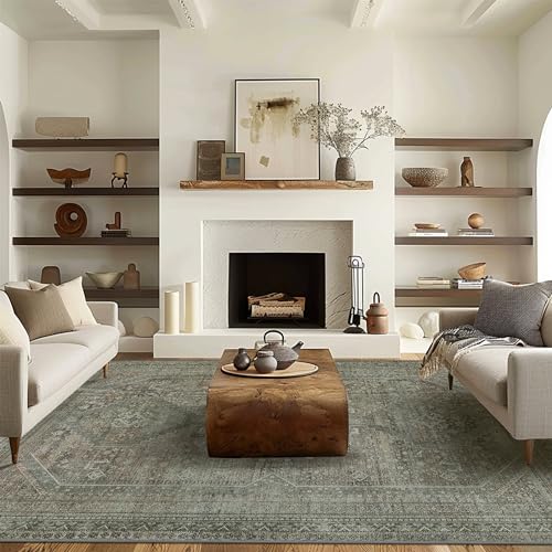 GENIMO 9x12 Area Rug for Living Room, Non Slip Machine Washable Low Pile Large Rug, Sage Indoor Vintage Lightweight for Bedroom, Dining Room & Home Office