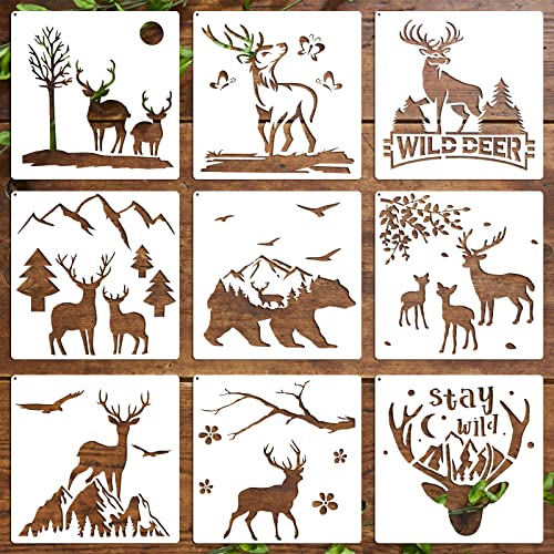 Pochoirs de Cerf, Victse 9 Pièces 28 X 28 CM Pochoirs à Dessin en Forme de Cerf, Pochoir à Dessin Réutilisable Plastique Pochoir pour Planchers, Fenêtres, Meubles, Bois, Wall Decor Cover