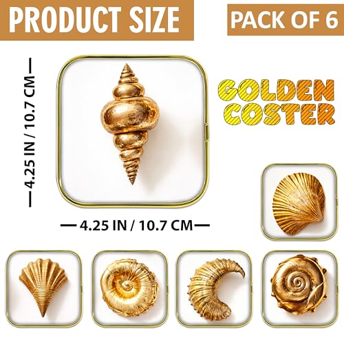 Image of Goelite Stylist Modern Wooden Coasters with Golden Border, Set of 6 with Stand, Handmade for Tea Cups, Coffee Mugs, Beer Mugs, 10 x 10 cm (Marble Pattern)