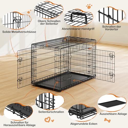 Yaheetech Hundekäfig 122 x 71 x 78 cm klappbar mit Trennwand, 2 Türen, Hundebox für zuhause mit ausziehbare Bodenschale, Transportkäfig Auto, Hundetransportbox Drahtkäfig für Hunde Welpe, XXL, Schwarz