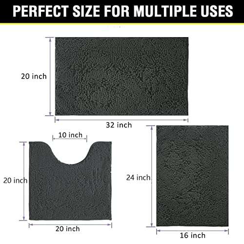 Image of BOANKODU Bathroom Rugs Chenille Bath Mat Set 3-Piece Bath Rugs for Bathroom Extra Soft Bath Mats for Bathroom Non Slip Absorbent Shag Machine Washable, Strong PVC Underside (Grey)