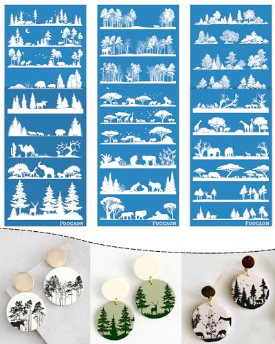 Puocaon Tree Clay Silk Screen - 6 Pcs Stencils for Polymer Jewelry, Forest Earrings Making, Pine Tree Design