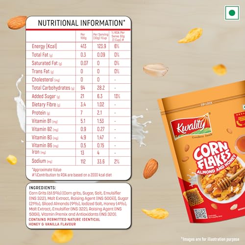 Image of Kwality Corn Flakes with Almond & Honey 1kg | Made with Golden Corns | 99% Fat-Free | High in Protein, Zero Cholesterol | Healthy Breakfast Cereal