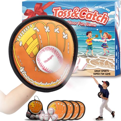 Image of Wedopro Toss and Catch Ball Game, Kids Toddler Baseball Glove & Catch Ball Toys, Kids Outdoor Games for Family, Toys for Beach Yard, Birthday for Ages 3 4 5 6 7 8-12 Year Old Boys Girls (Brown)