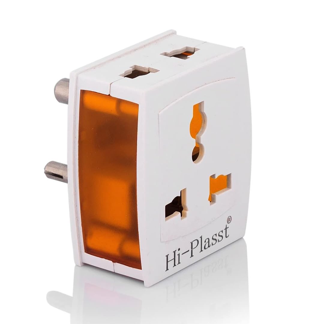 Hi-Plasst (Pack of 1) Universal 3-Pin Multi Plug with Type D Socket – 2X 2-Pin & 1x 3-Pin Outlets, US/UK/EU to India Travel Converter Plug, 6A for International Devices (White & Orange)-image-48