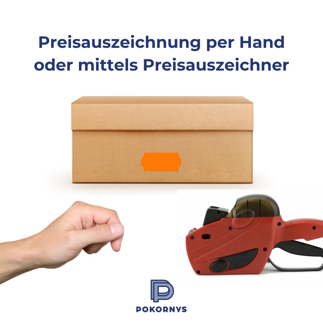 POKORNYS – 54.000 selbstklebende Etiketten für Preisauszeichner (orange / 26x12mm) I permanent haftend I Kennzeichnung mit Preis, Datum ... I Preisetiketten für Handauszeichner mit Wellenrand