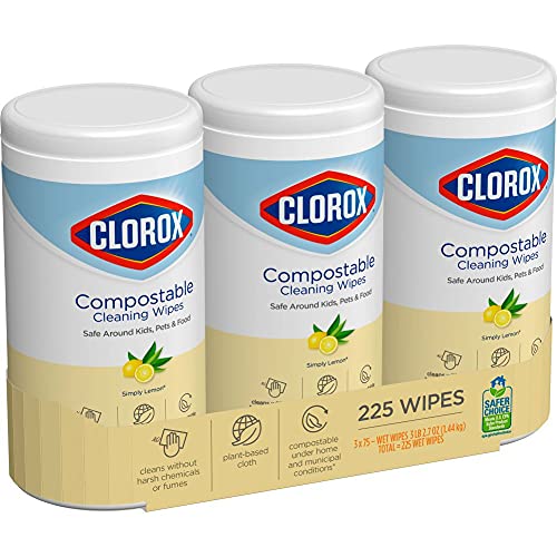 Clorox Compostable Cleaning Wipes - All Purpose Wipes - Simply Lemon, 75 Count (Pack of 3)