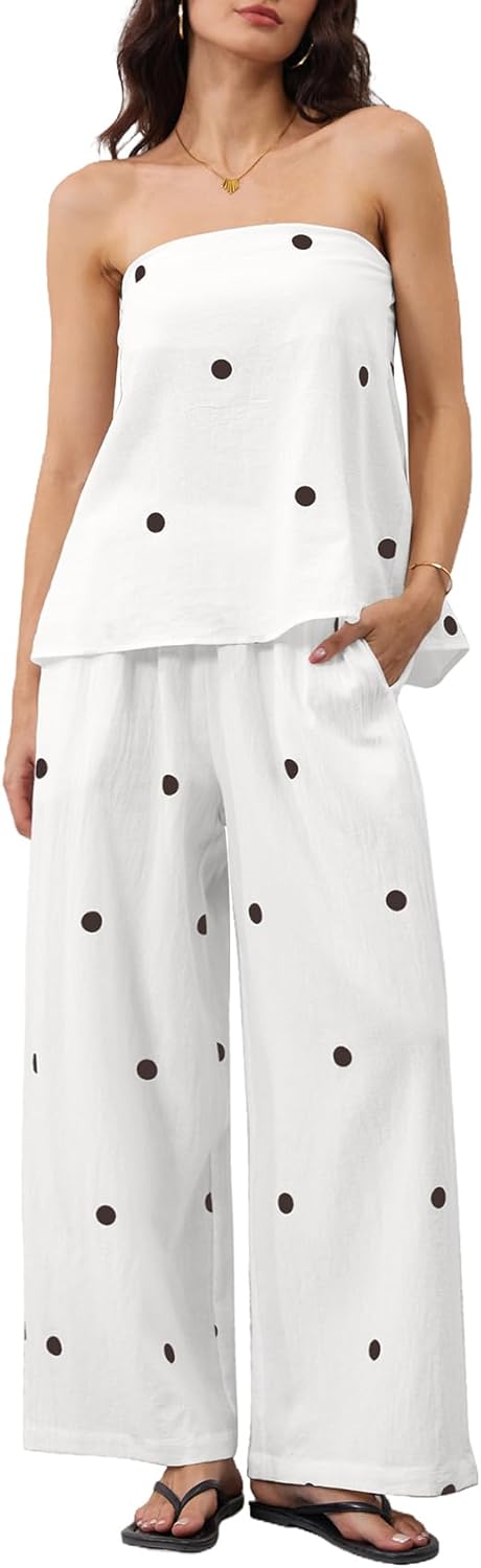 Women 2 Piece Polka Dot Tube Top Set Strapless Bandeau Blouse Wide Leg Spot Print Pants Outfits Summer Lounge Sets