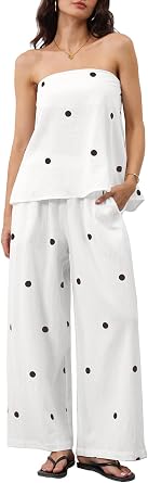MSBESYOR Women 2 Piece Polka Dot Tube Top Set Strapless Bandeau Blouse Wide Leg Spot Print Pants Outfits Summer Lounge Sets
