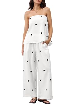 Women 2 Piece Polka Dot Tube Top Set Strapless Bandeau Blouse Wide Leg Spot Print Pants Outfits Summer