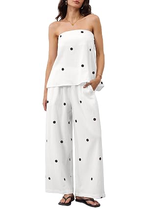 Women 2 Piece Polka Dot Tube Top Set Strapless Bandeau Blouse Wide Leg Spot Print Pants Outfits Summer