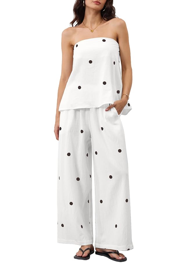 Women 2 Piece Polka Dot Tube Top Set Strapless Bandeau Blouse Wide Leg Spot Print Pants Outfits Summer