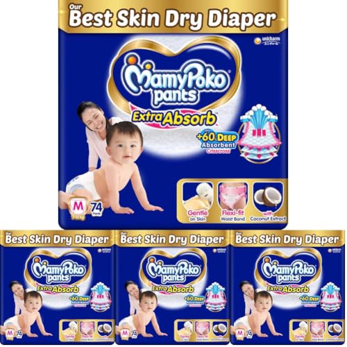 Image of MamyPoko Pants Extra Absorb Baby Diapers, Medium (M size) | 7-12 kg | 74 Count |Deep Sleep Diapers| Soft gentle fit |Deep Absorbent Crisscross | skin friendly with coconut oil | (Pack of 4)