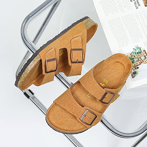 YONGJIA Mens Sandals Arch Support Slides with Adjustable Buckle Straps Cork Footbed Slippers4