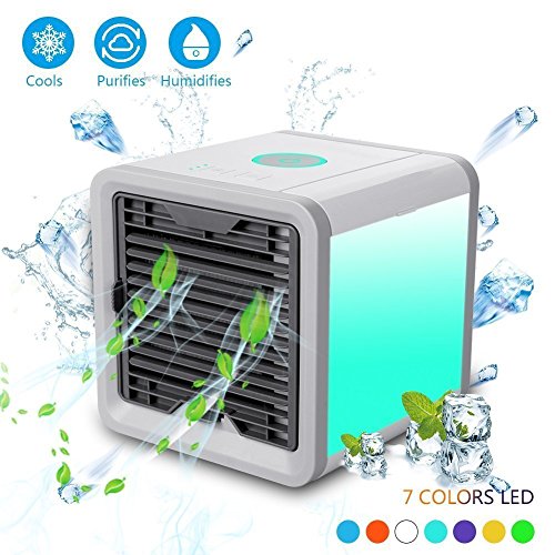 FITFIRST Portable Evaporative Air Cooler, 4 in 1 Personal Space Air Cooler, Humidifier Purifier and Mini Desk Fan/Desktop Air Conditioner Fan with 3 Speeds and 7 Colors LED Night Light