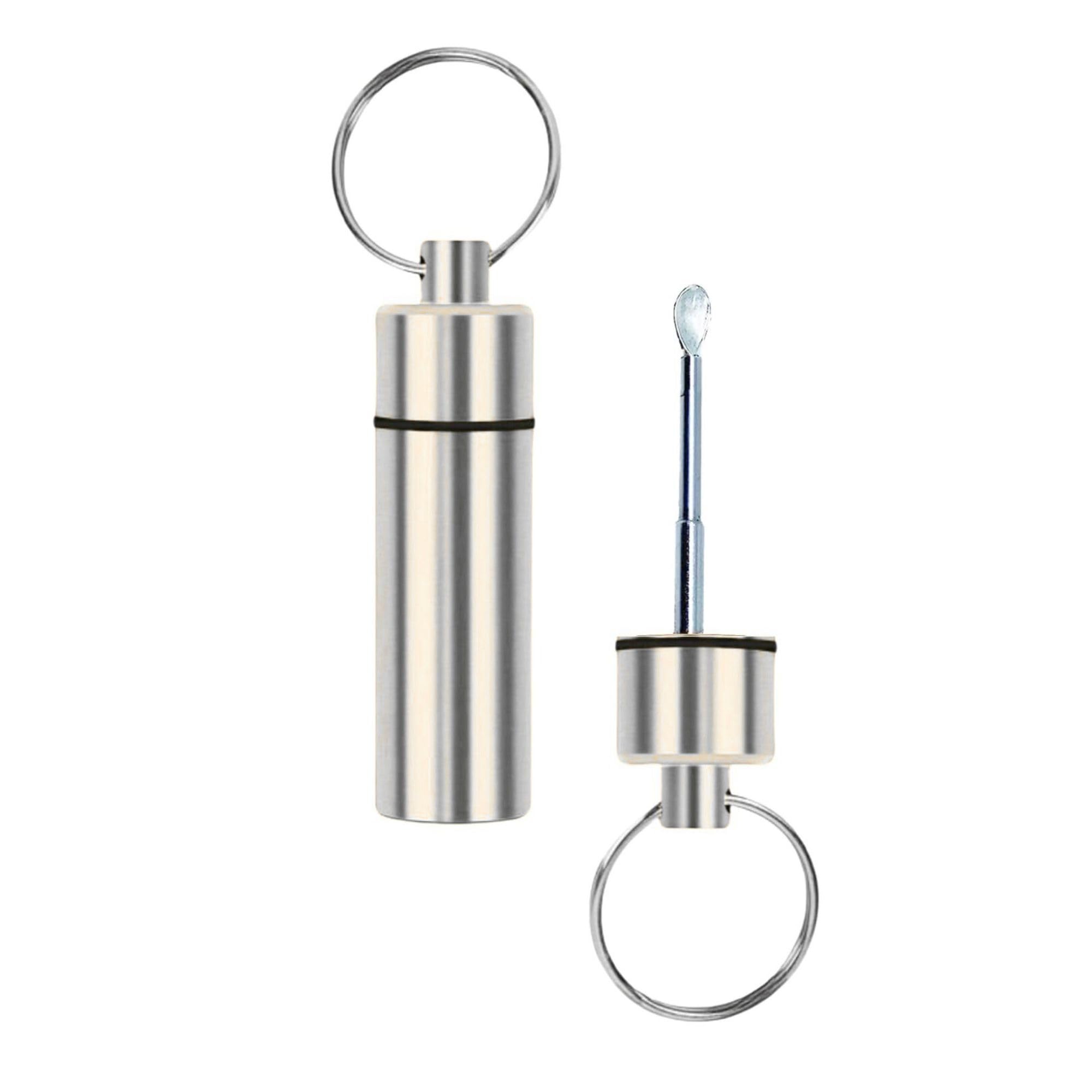 Aluminium Pill Case with Mini Telescopic Spoon Keyring Holder Colours Available (Silver)