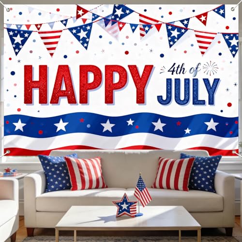 Image of IVN Happy 4th of July Backdrop Banner 71 x 43 Inch USA Flag Bunting Background Photo Booth Backdrop Independence Day Party Decorations Supplies Memorial Day Veterans Day Indoor Outdoor Decor