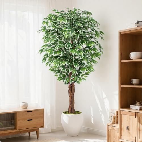 Keeplush 6.2ft Ficus Artificial Trees with 3 Natural Curved Trunks, 74' Tall Lush Faux Tree for Home...