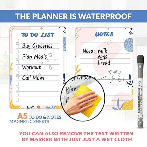 Image of Magnetic to Do List & Notes Board Combo Pack (A5 Size, 2 Sheets + 1 Marker) | Reusable Dry Erase Magnetic Fridge Planner | Checklist Memo Board for Kitchen, Office & Study