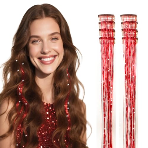 Hersun Red Fairy Hair Tinsel Kit Heat Resistant Pack of 8 Pcs 20in Hair Accessories Glitter Hair Extensions for Women & Girls