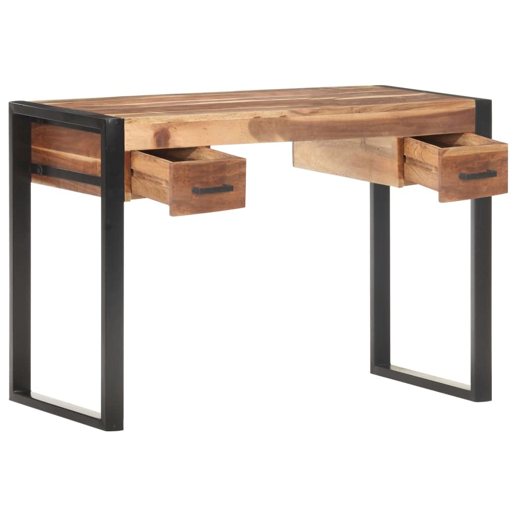 Vintage Schreibtisch 110x50x76 cm aus massivem Akazienholz und Gummibaumholz mit Zwei Schubladen, Stahlgestell für Stabilität, vielseitig als Computertisch oder Bürotisch nutzbar