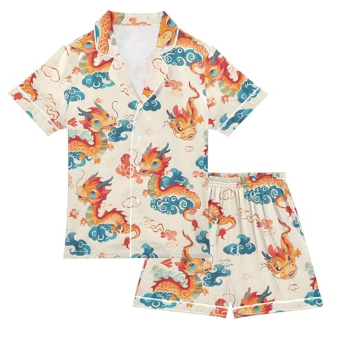 ALAZA Beautiful Dragon Cloud Satin Pajamas Set Short Sleeve Button Down Sleepwear Summer Pjs 2 Piece