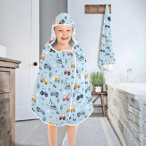 Image of Cartoon Car Hooded Beach Towel for Kids, Kids Bath Hooded Towels for Boys Girls, Super Soft Absorbent Bathrobe with Hood for Swin Pool 50 inchx23.5 inch