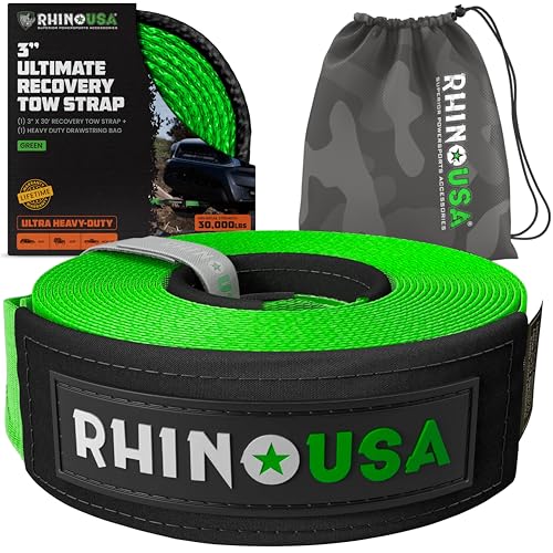 Image of Rhino USA Recovery Tow Strap (3 inch x 30') - 31,518lb Break Strength - Emergency Recovery Strap Tow Rope for Truck, UTV, ATV & More - Heavy Duty Towing Strap for Offroad 4x4 Use - Compatible with Jeep
