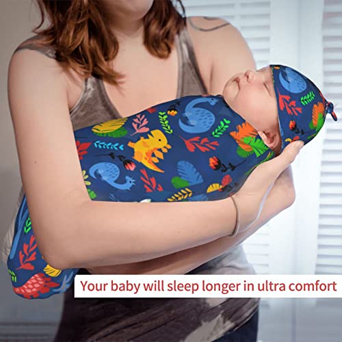 Image of Cartoon Dinosaur Newborn Swaddle Blankets with Hat Sets Newborn Receiving Blanket for Boy Girl Swaddle Sack Shower Infant Gift