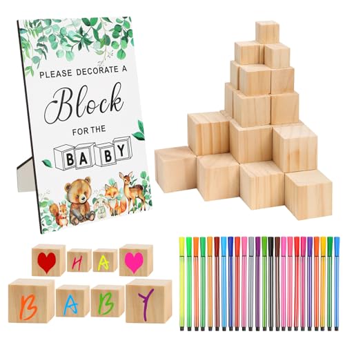 55 Stück Babyparty Spiele Set Baby Party Spiele Set - 30 Bauklötze Bemalen Babyparty in 4 Größen 24 Acrylfarben-Marker und 1 Spielschild Babyshowerparty Deko für Baby Shower Spiele Mädchen Jungen