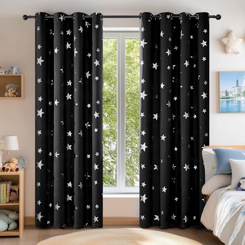 Deconovo Cortinas Dormitorio Moderno Blackout Curtain Suave para Ventanas de Habitación Juvenil Infantiles Estrella Plateada 117 x 138 cm Negro