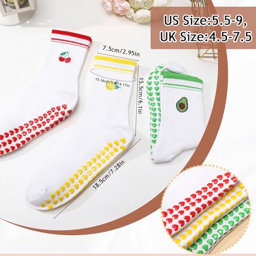 Jspupifip 3 Pairs Fruit Pilates Socks with Grips for Women, Non Slip Cotton Crew Athletic Socks for Barre Workout Hospital2