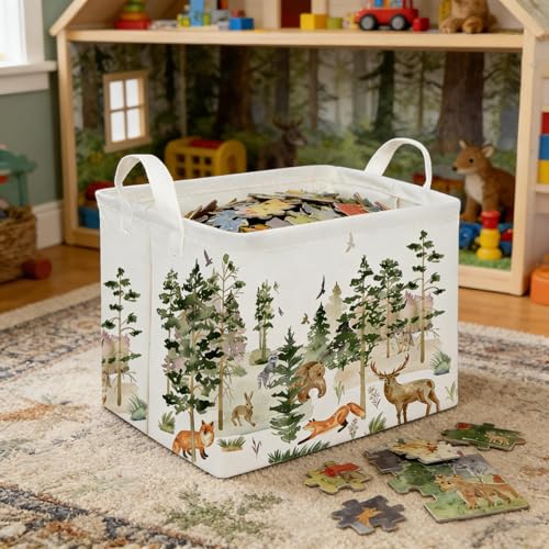 Image of Rectangular Woodland Animal Basket Kids Baby Storage Basket,Bear Fox Boys Girls Gift Toy Box Bin for Nursery, Shelf Book Woodland Room Decor,Gift Baskets(Tree animals)