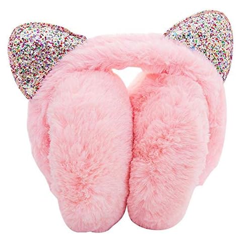 chlius Girls Earmuffs Foldable Cat Ear Earmuffs Adjustable Plush Ear Warmer Muffs Sequin Design, Perfect Winter Gift (Pink) Cover