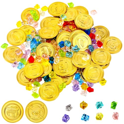 Vicloon 150 Pièce de Trésor Pirate Enfant, 50 Pièces d'or de Pirate, 100 Pièces de Diamants...