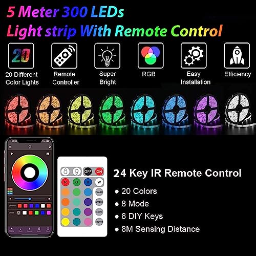 Image of One94Store 5 Meters 150 LED Strip Lights with Bluetooth App and Remote Controller RGB Waterproof Lights Multicolor LED Lights for Home Decoration, Bedroom, Diwali, False Ceiling