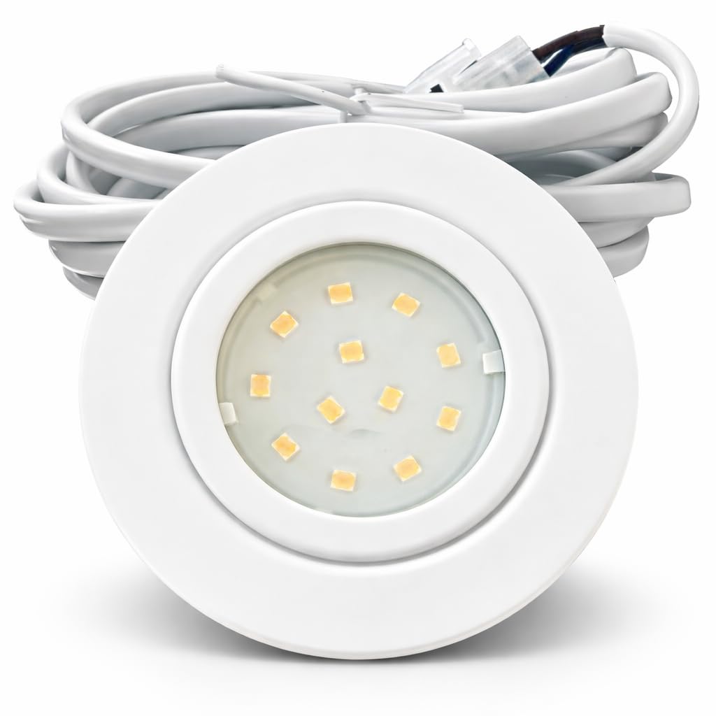 5er Set IP44 LED Möbel-Einbauleuchten 12V flach 2,4W, 200lm, Weiß, inkl. Trafo, 230V Kabel, Netzstecker, AMP Verteiler, Bohrloch 54-60mm, Neutralweiß 4000K – Ideal für Bad, Küche, Wohnzimmer, Schränke