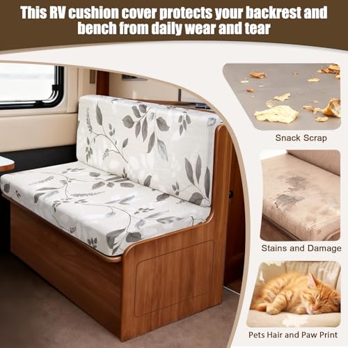 Image of SearchI RV Dinette Cushion Covers, Stretch Camper Cushion Slipcovers for Travel Trailer Couch RV Booth Seat, Replacement Camper Sofa Chair Protector (2 Backrest Cover & 2 Bench Cover, Elegant Foliage)
