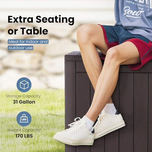 Image of DUMOS 31 Gallon Deck Box, Lockable Outside Storage Boxes for Outdoor Use, Outside Waterproof Resin Package Delivery Box for Backyard Patio Garden, Modern Brown
