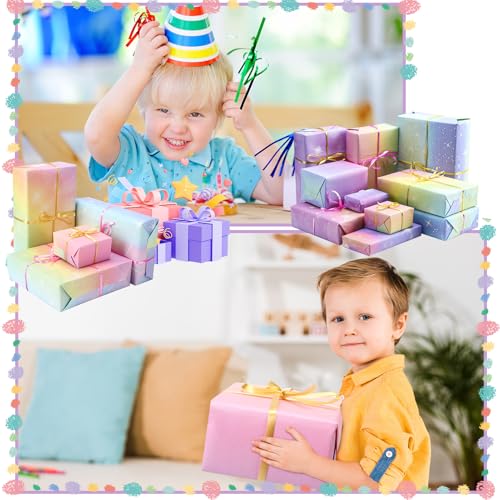 Kecanmater Geschenkpapier Geburtstag Set, 8 Blätter 70x50cm Regenbogen Farbverlauf Geschenkpapier Kinder mit 2 Rollen Satinband Wrapping Paper Geschenk Papier für Geburtstag Frauen Mädchen