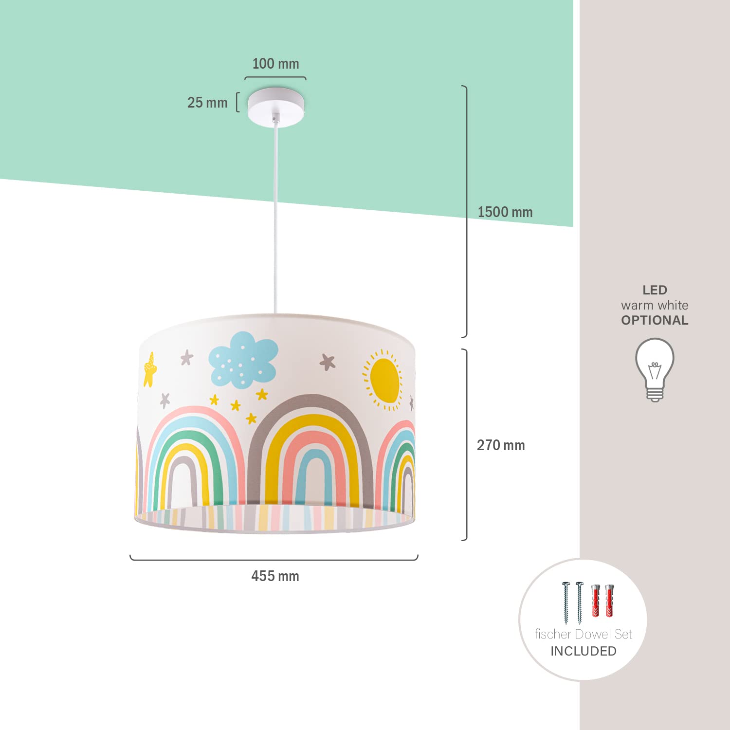 Paco Home Bambini Sospensione Cameretta Dei Bambini Paralume Tessuto Rotondo E27 Arcobaleno