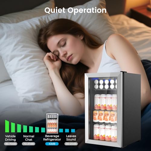 Image of Electactic 130 Can Beverage Refrigerator Built In Freestanding Wine Fridge with Stainless Steel Reversible Glass Door, Quiet Compressor LED Touch Control for Home Kitchen Bar, 3.2 Cu.ft Silver