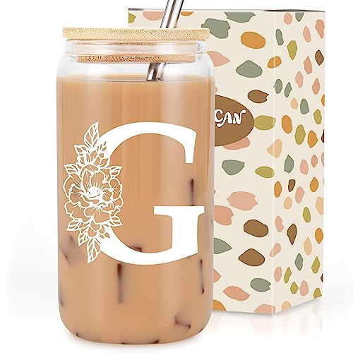 Coolife Initial Glass Cup, Monogrammed Gifts for Women, 16 oz Glass Cups w/Lids Straws, Iced Coffee Smoothie Beer Tumbler w/Straw Lid, Personalized Valentines, Birthday Gifts for Her Mom Friend Woman